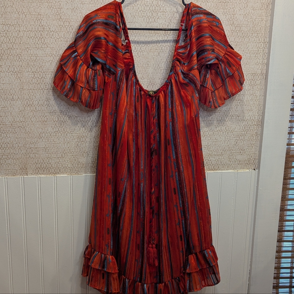 Cold Shoulder Dress Large, Urban Cowgirl Vibes, Girls Night, Orange Turquoise - Picture 3 of 8